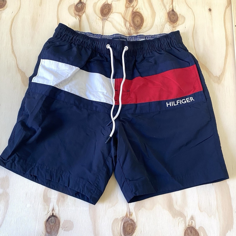 Tommy Hilfiger Men Swim Shorts Size M Navy Blue Red GUC Liner Elastic Draw Waist